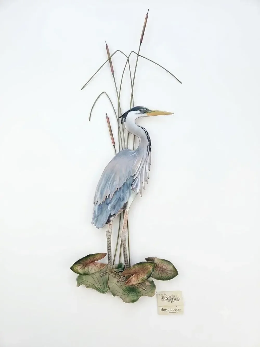 Bovano of Cheshire Enamel Copper Blue Crane Cattails Wall Art
